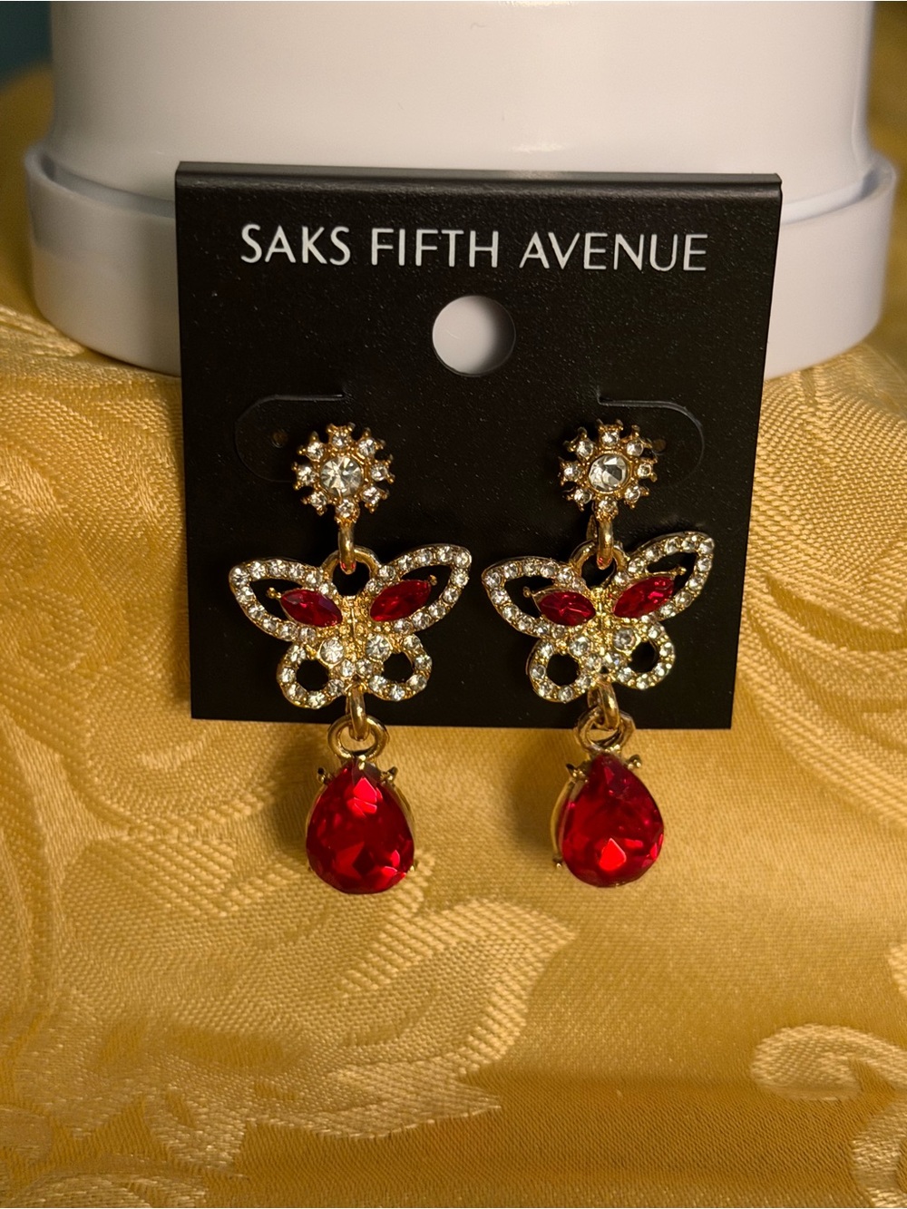 Saks Fifth Avenue Golden Butterfly Earrings with Red Teardrops
